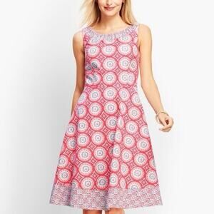 Talbots Geo-Print Fit-and-Flare Dress Women's 8 Petite Red Pink Blue Medallions
